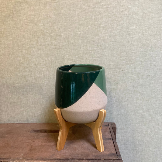 Ceramic Pot - Green Tricolour - wooden stand