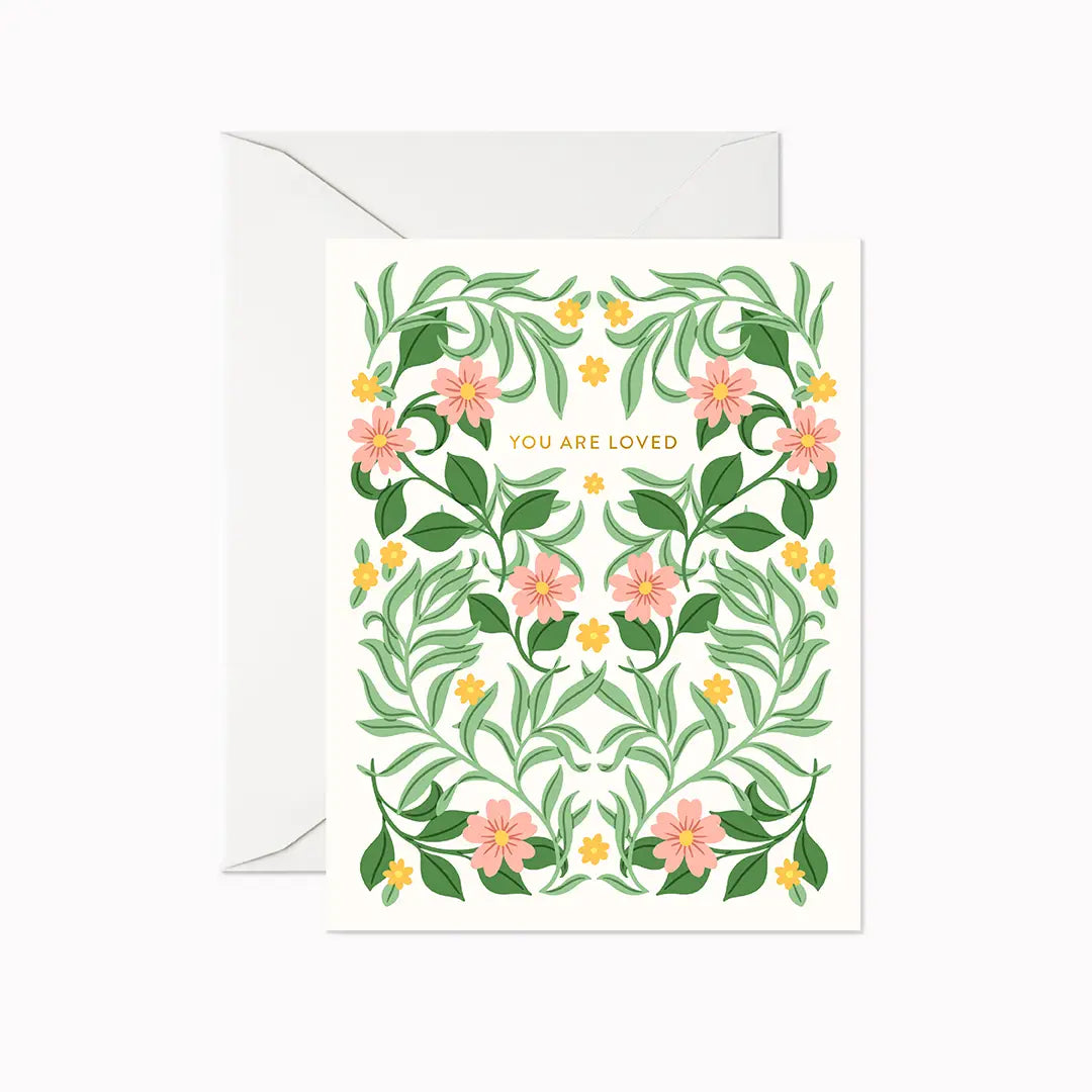 Card: You Are Loved - Leaves and Pink Flowers