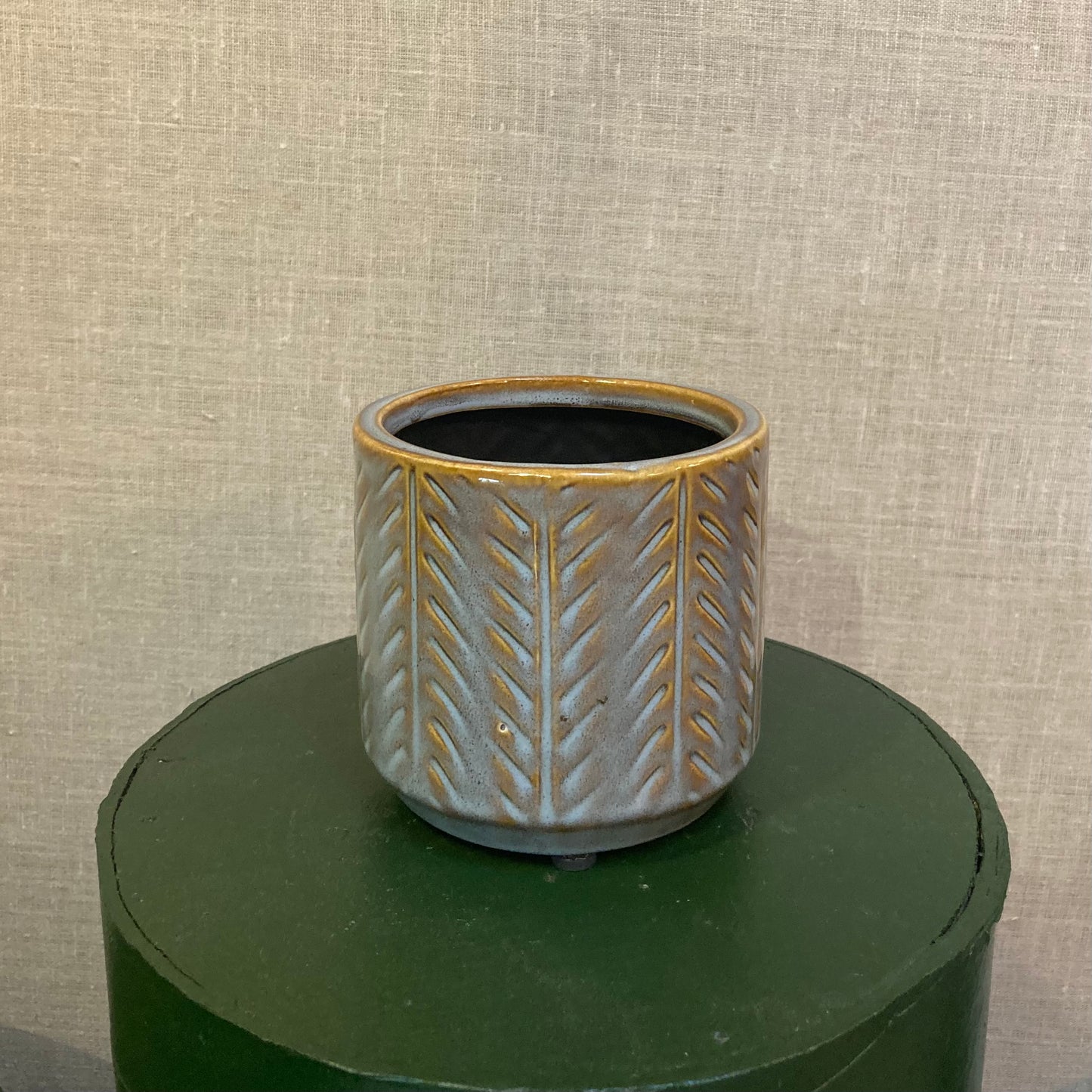 Ceramic Pot - Ochre Blue Glaze Herringbone