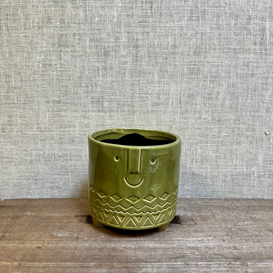 Ceramic Pot - Green (Olive) Face