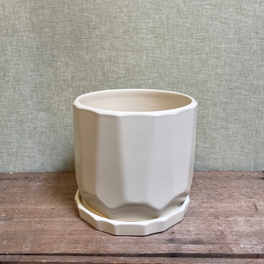 Ceramic Pot - White Faceted with Saucer