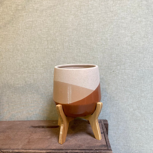 Ceramic Pot - Brown Tricolour - wooden stand
